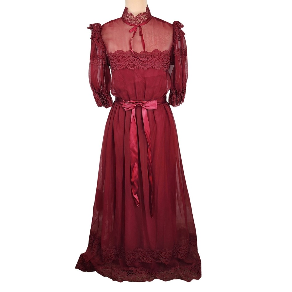 Vtg Dance Allure Alfred Angelo Burgundy Lace Maxi Dress Victorian Fairy Coquette